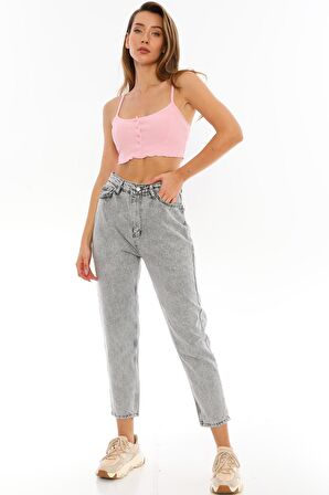 Kadın Yüksek Bel Mom Jeans Kar Yıkama Kot Pantolon