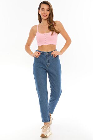 Kadın Yüksek Bel Mom Jeans Kar Yıkama Kot Pantolon