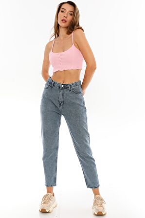 Kadın Yüksek Bel Mom Jeans Kar Yıkama Kot Pantolon