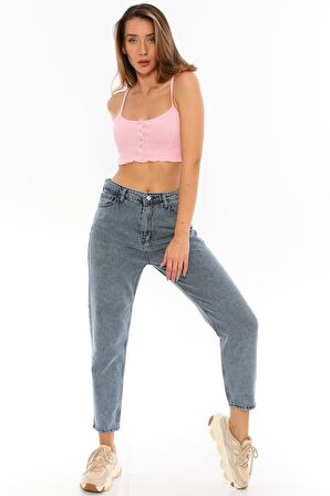 Kadın Yüksek Bel Mom Jeans Kar Yıkama Kot Pantolon