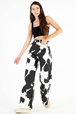 Kadın Yüksek Bel Milka İnek Desenli Bol Kesim Bol Paça Palazzo Wide Leg Kot Pantolon