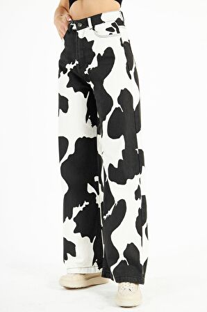 Kadın Yüksek Bel Milka İnek Desenli Bol Kesim Bol Paça Palazzo Wide Leg Kot Pantolon