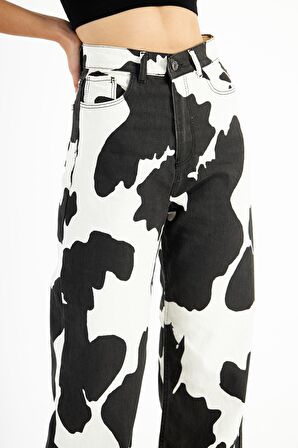 Kadın Yüksek Bel Milka İnek Desenli Bol Kesim Bol Paça Palazzo Wide Leg Kot Pantolon