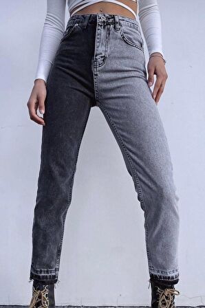 Kadın Yüksek Bel İki Renkli Mom Jean Kot Pantolon