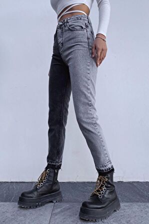 Kadın Yüksek Bel İki Renkli Mom Jean Kot Pantolon