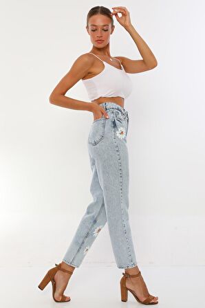 Kadın Yüksek Bel Büyük Papatya Özel El Boyaması Mom Jeans Kot Pantolon