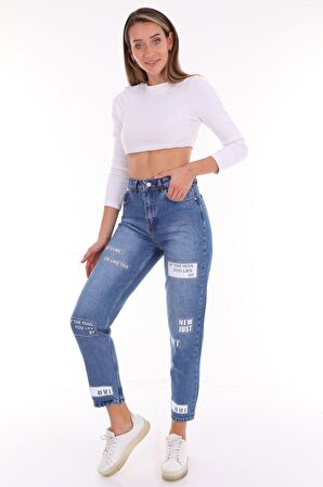 Kadın Yüksek Bel Baskılı Parlak Taşlı Mom Jeans Kot Pantolon