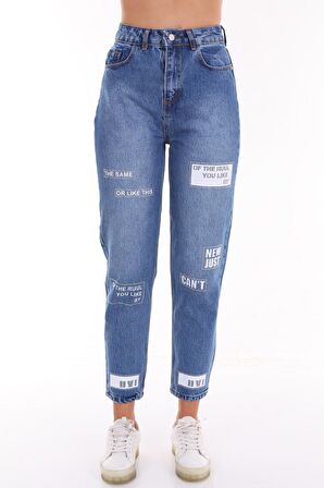 Kadın Yüksek Bel Baskılı Parlak Taşlı Mom Jeans Kot Pantolon