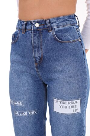 Kadın Yüksek Bel Baskılı Parlak Taşlı Mom Jeans Kot Pantolon