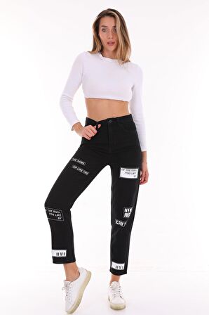 Kadın Yüksek Bel Baskılı Parlak Taşlı Mom Jeans Kot Pantolon