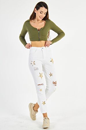 Kadın Yüksek Bel Kabartma Yıldız Baskılı Yırtık Boyfriend Kot Pantolon