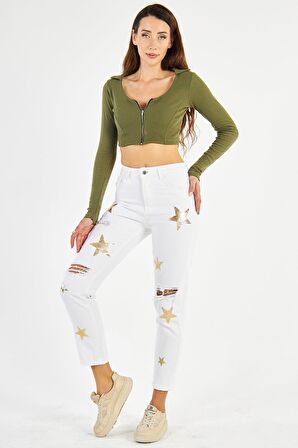 Kadın Yüksek Bel Kabartma Yıldız Baskılı Yırtık Boyfriend Kot Pantolon