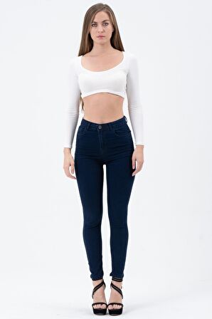 Kadın Lacivert Yüksek Bel Likralı Dar Kesim Slim Fit Kot Pantolon