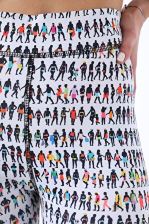 Kadın Yüksek Bel Dalgıç Kumaş Renkli Baskılı Mat Beyaz Tayt