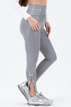 Kadın Yüksek Bel Gümüş Düğme Detaylı Fermuarlı Parlak Disco Tayt