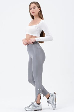 Kadın Yüksek Bel Gümüş Düğme Detaylı Fermuarlı Parlak Disco Tayt