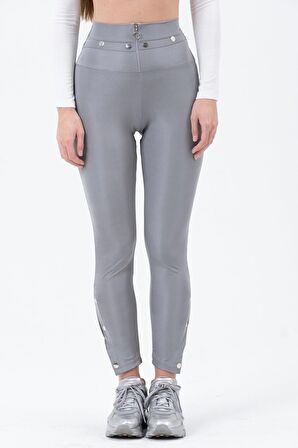 Kadın Yüksek Bel Gümüş Düğme Detaylı Fermuarlı Parlak Disco Tayt