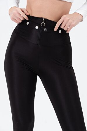 Kadın Yüksek Bel Gümüş Düğme Detaylı Fermuarlı Parlak Disco Tayt