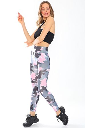 Kadın Yüksek Bel Kamuflaj Desen Tayt