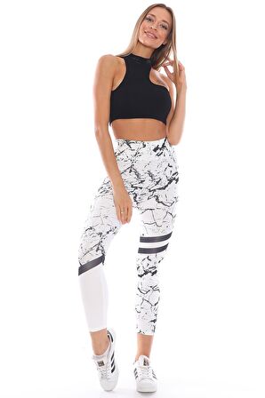 Kadın Yüksek Bel Mermer Desen Şerit Detaylı Tayt