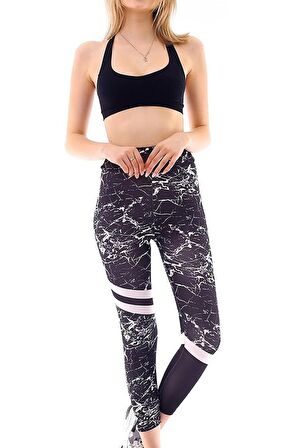 Kadın Yüksek Bel Mermer Desen Şerit Detaylı Tayt