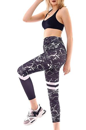 Kadın Yüksek Bel Mermer Desen Şerit Detaylı Tayt