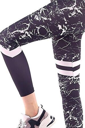 Kadın Yüksek Bel Mermer Desen Şerit Detaylı Tayt