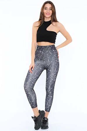 Kadın Yüksek Bel Mermer Desen Baskılı Tayt