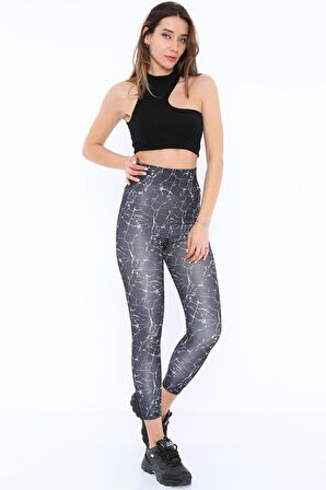 Kadın Yüksek Bel Mermer Desen Baskılı Tayt