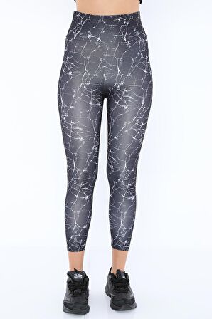 Kadın Yüksek Bel Mermer Desen Baskılı Tayt