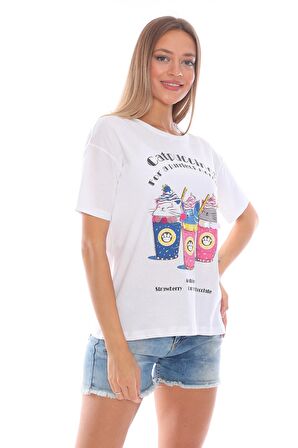 Kadın Cappuccino Baskılı Cotton T-Shirt, Pamuklu Tişört