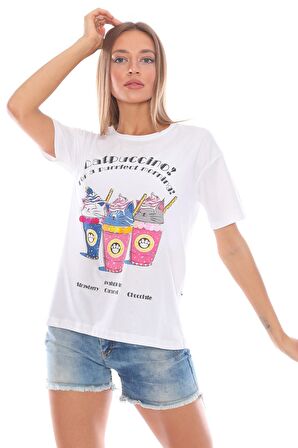 Kadın Cappuccino Baskılı Cotton T-Shirt, Pamuklu Tişört