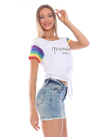 Kadın Mermaids Yazılı Kolları Renkli Önü Bağlamalı Kısa Beyaz T-Shirt, Beyaz Tişört