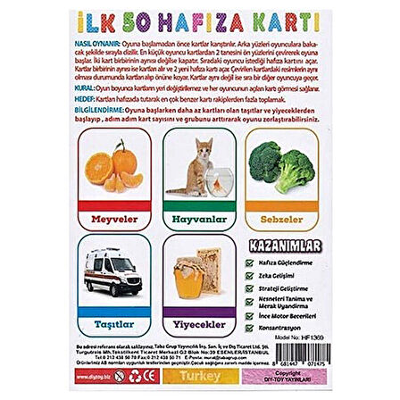 Diytoy İlk 50 Hafıza Kartı Memory Game Flash Cards Zeka Geliştirici Hafıza Eğitici Oyuncak