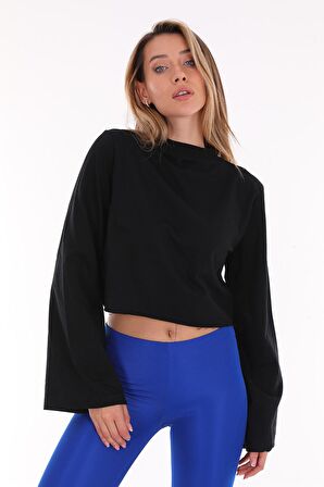 Kadın Siyah Pamuklu Yarasa Kol Crop Sweatshirt