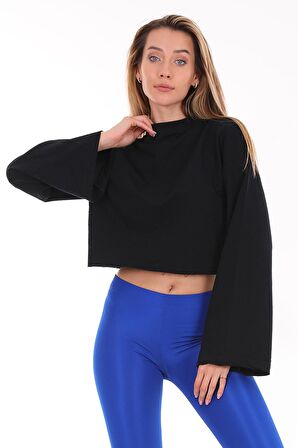 Kadın Siyah Pamuklu Yarasa Kol Crop Sweatshirt