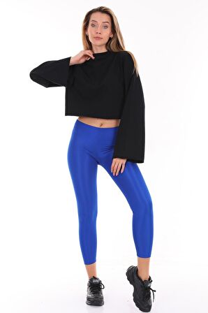 Kadın Siyah Pamuklu Yarasa Kol Crop Sweatshirt