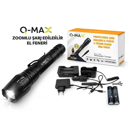 Farissu Q-MAX PS2900 3000 Lümen Şarjlı El Feneri Tüfek Aparatlı Zoomlu Profesyonel Avcı Feneri
