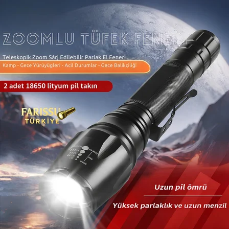 Farissu Q-MAX PS2900 3000 Lümen Şarjlı El Feneri Tüfek Aparatlı Zoomlu Profesyonel Avcı Feneri