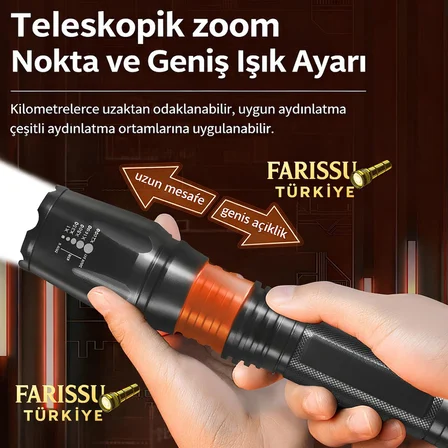Farissu Q-MAX PS2900 3000 Lümen Şarjlı El Feneri Tüfek Aparatlı Zoomlu Profesyonel Avcı Feneri