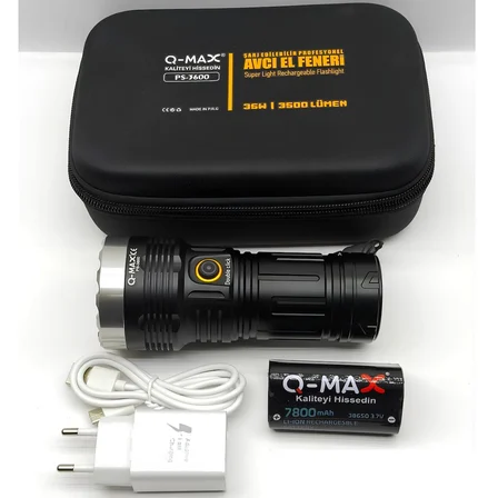 Farissu Q-MAX PS3600 Şarjlı Avcı El Feneri 3500 Lümen 7800 mAh Profesyonel Zoomlu Kamp Feneri
