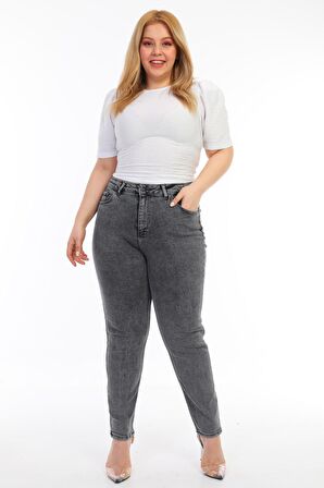 Kadın Büyük Beden Yüksek Bel Full Likralı Kar Yıkama Mom Jeans Kot Pantolon