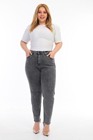 Kadın Büyük Beden Yüksek Bel Full Likralı Kar Yıkama Mom Jeans Kot Pantolon