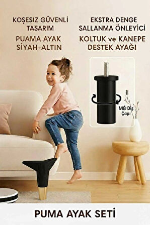 Puma 15 Cm Siyah-Altın 6'lı Set Mobilya Kanepe Tv ünitesi Dolap Konsol ve Destek Ayağı