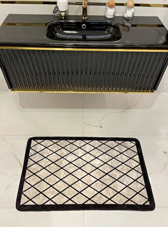 Tekli Geometrik Desen 60x100 Lateks Taban Banyo Paspas - BEJ-SİYAH