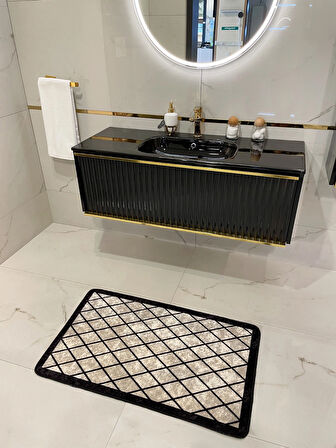 Tekli Geometrik Desen 50x100 Lateks Taban Banyo Paspas - BEJ-SİYAH