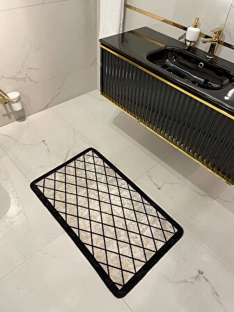 Tekli Geometrik Desen 50x100 Lateks Taban Banyo Paspas - BEJ-SİYAH