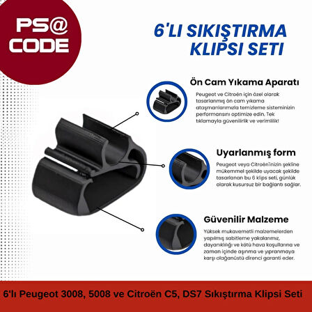 Silecek Koluna 6'lı Sıkıştırma Klipsi Seti: Peugeot 3008, 5008 ve Citroën C5 Aircross, DS7 uyumlu