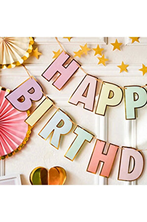 Macaron Happy Birthday Banner Doğum Günü Parti Altın Varaklı Gökkuşağı Happy Birthday Banner Flama