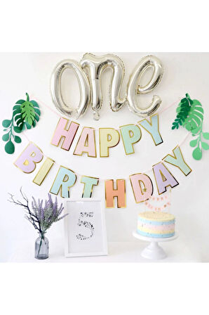 Macaron Happy Birthday Banner ve Balon Seti Doğum Günü Gökkuşağı Happy Birthday Banner Flama